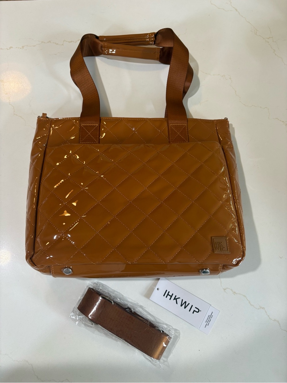 IHKWIP Quilted Carry Your Confidence Anti-Theft 2.0 RDID Caramel Patent w/ Strap